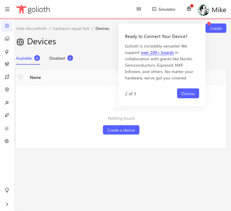 Golioth console wizard create a device